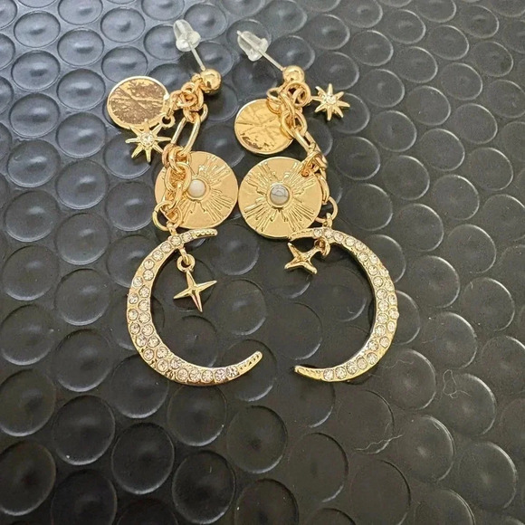 Gold Moon and Star Dangle Earrings - Picture 2 of 2